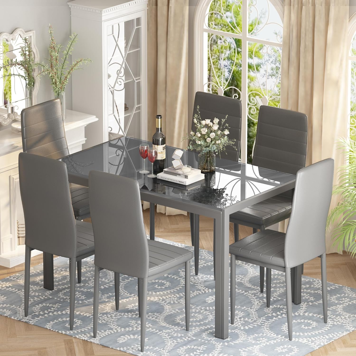 DKLGG 7 Piece Dining Table Set for 6, Glass Dining Room Table Set with 6 PU Leather Chairs, Modern Kitchen Table and Chairs Set of 6 for Small Space, Apartment