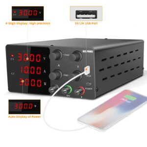 NICE-POWER DC Power Supply Variable 30V 10A Adjustable Bench Power Supply with Coarse/Fine Adjustments Knob Switching DC Regulated Power Supply Stable Output 4-Digits LED Display 5V/2A USB Port