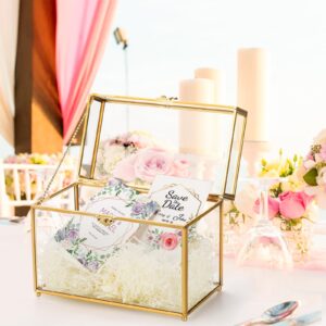 Okllen Glass Wedding Card Box with Lock and Slot, Gold Rim Envelop Box Gift Holder, Vintage Clear Card Box for Wedding Reception, Baby Shower, Birthday, Graduation (Glass Box and Lock Only)