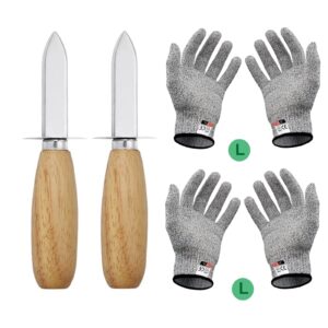 plvtnm 2oyster knife wooden handle oyster shucking knife stainless steel with 2pairs level 5 cut-resistant gloves, oyster shucker opener for kitchen