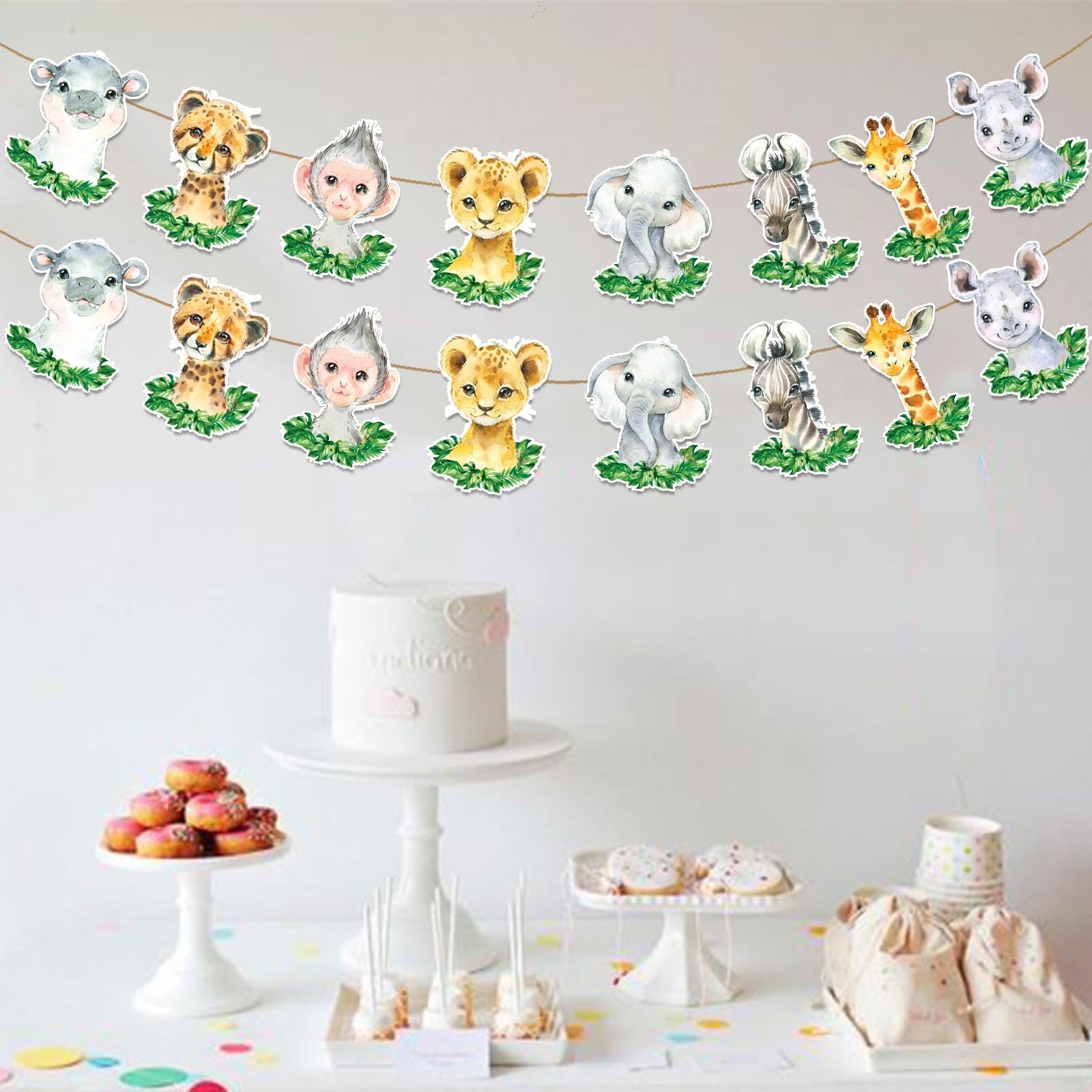 2Pcs Safari Animals Baby Shower Banner, Jungle Baby Shower Decorations, Wild One Birthday Party Decorations for Boys Kids, Double Sided Safari Jungle Themed Birthday Party Supplies