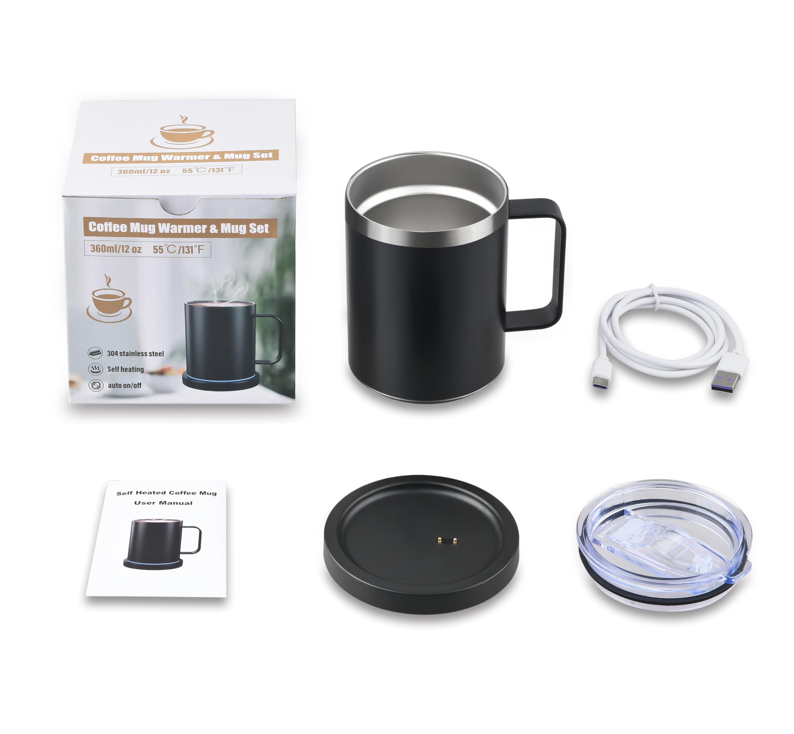 Coffee Mug Warmer & Mug Set,Smart Self Heating Mug,Stainless Steel Mug with Sliding Sip Lid 12 oZ,for Desktop Home Office Hot Drink Cup,Gift for Coffee Lovers, Heating Up to131°F-149°F