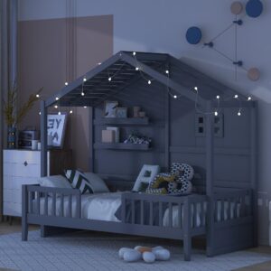 softsea twin size low house loft bed with shelves, low wood bed frame with window and sparkling light stripe on the roof, house shaped low loft bed for kids