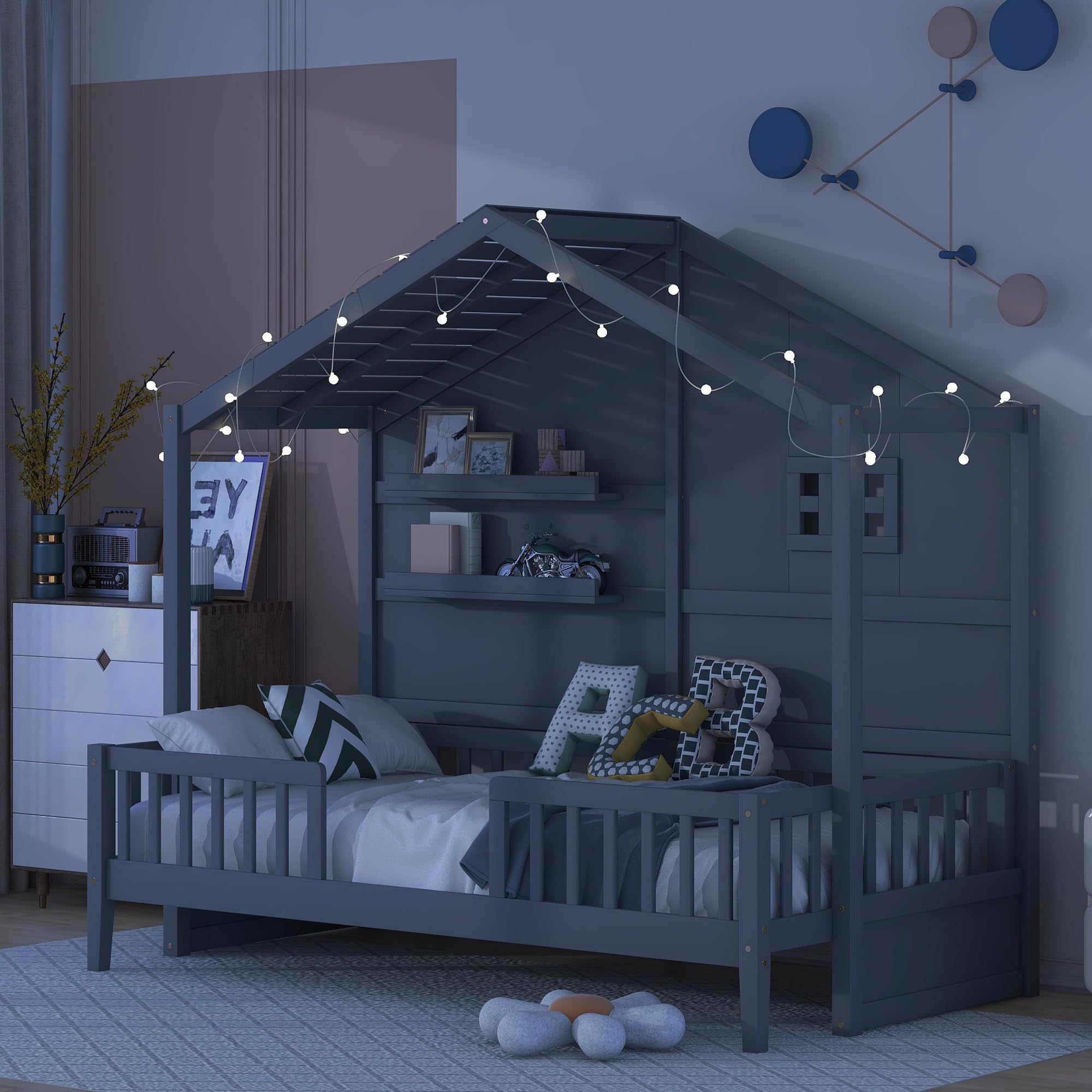 SOFTSEA Twin Size Low House Loft Bed with Shelves, Low Wood Bed Frame with Window and Sparkling Light Stripe on The Roof, House Shaped Low Loft Bed for Kids