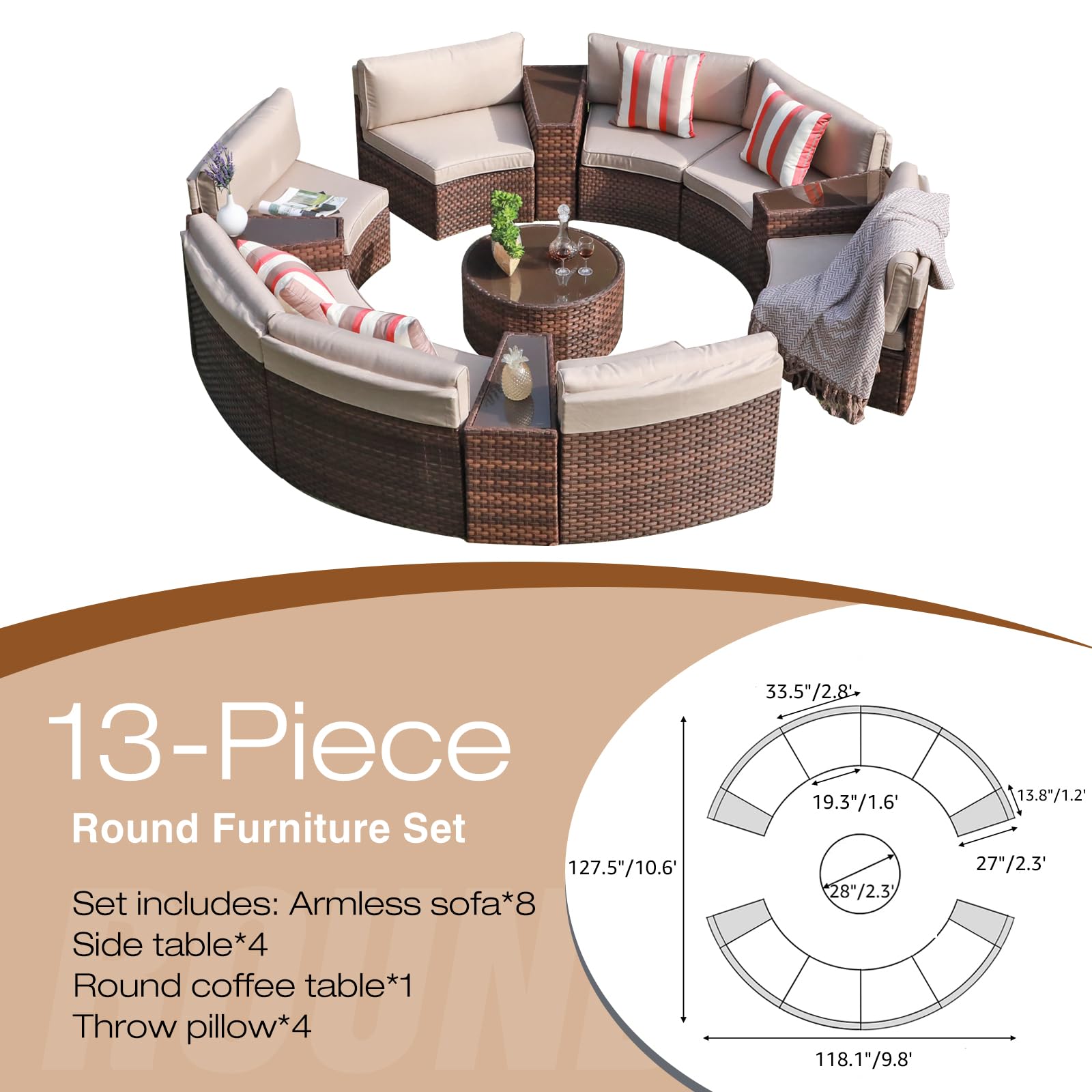 SUNSITT Outdoor Patio Furniture Set 13-Piece Round Sectional Sofa Curved Wicker Sofa with 4 Side Table and Pillows, Brown Rattan & Beige Cushion