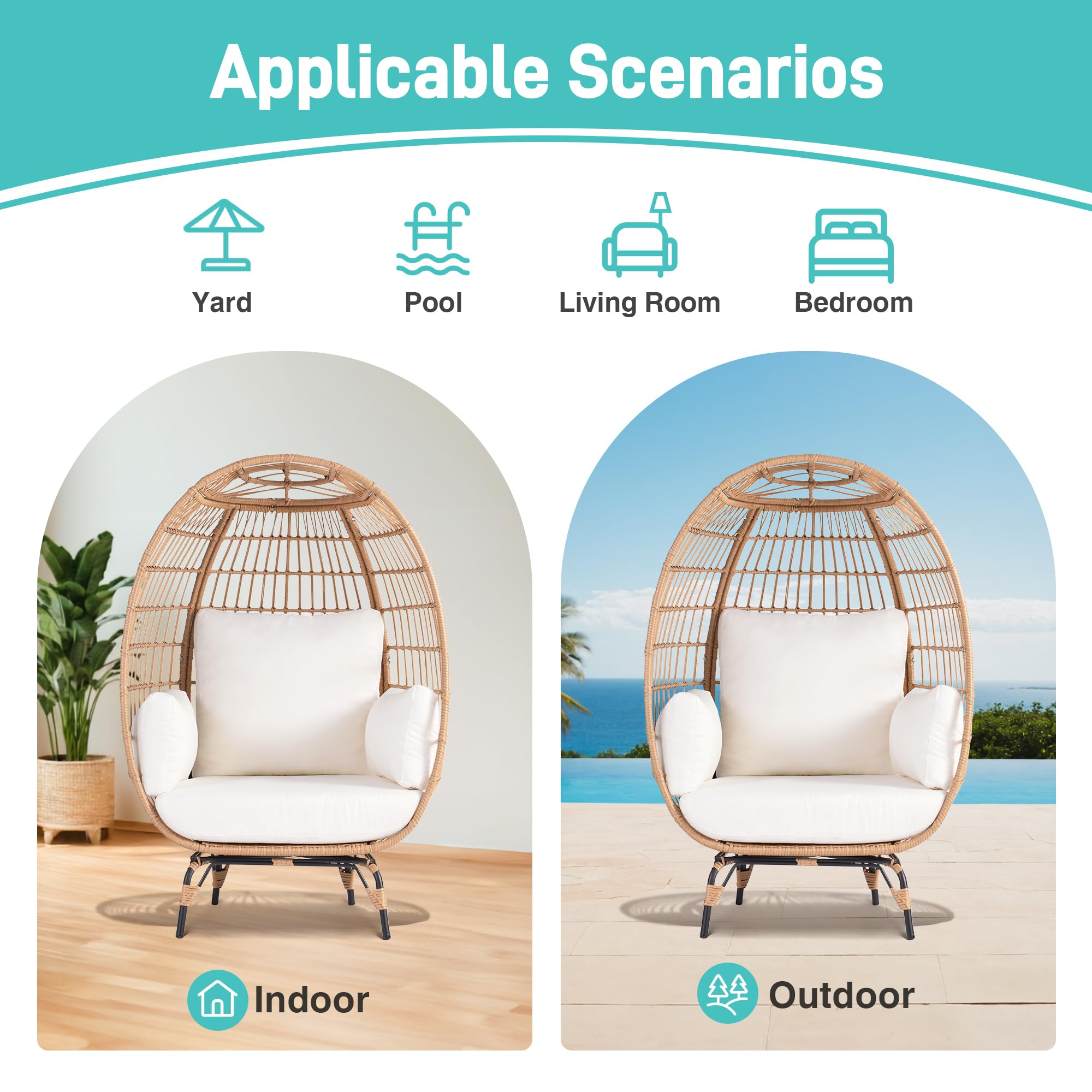 OTSUN Egg Chair Set of 2, Oversized Wicker Egg Basket Chair with 4 Cushions, 440lb Capacity, Outdoor Indoor Lounger for Living Room, Patio, Balcony, Backyard, Ivory