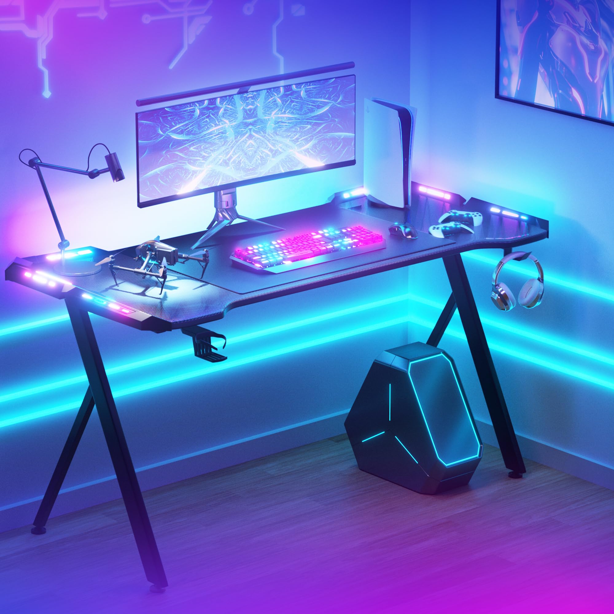 Dowinx Gaming Desk with LED Lights, RGB Gaming Computer Table with Carbon Fibre Surface, LED Home Office Desk with Remote Control, Pc Workstation with Cup Holder and Headphone Hook, Black