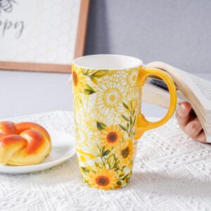 Topadorn Coffee Ceramic Mug Porcelain Latte Tea Cup With Lid in Present Box 17oz Sunflowers