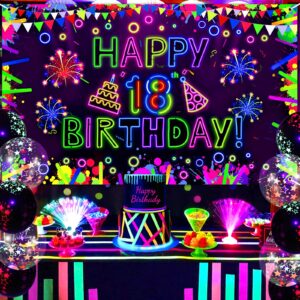 Neon Birthday Party Decorations Neon Happy 18th Birthday Banner Glow in The Dark Party Decorations with UV Black Light Reactive for Let Glow Neon Birthday Blacklight Graduations Party Supplies