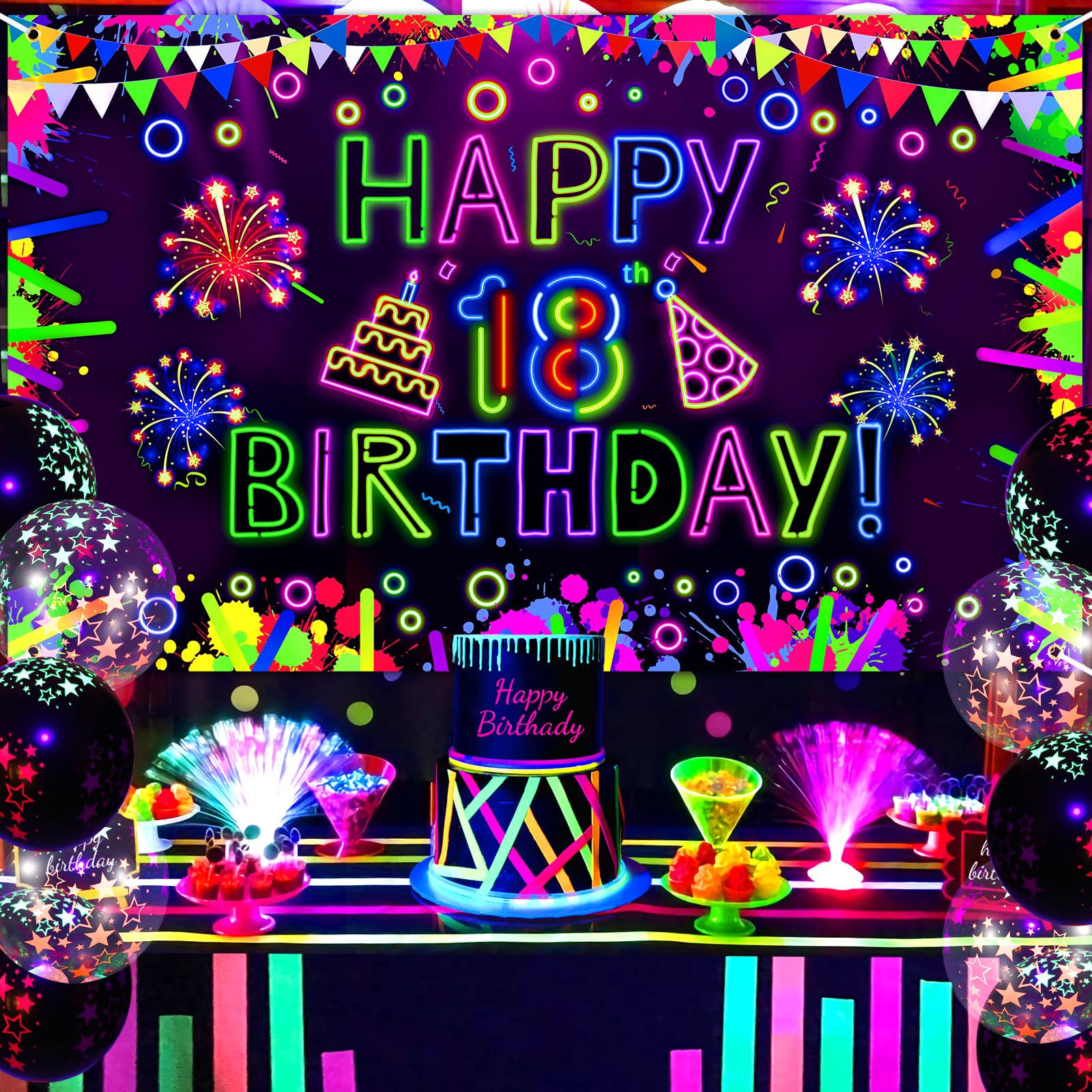 Neon Birthday Party Decorations Neon Happy 18th Birthday Banner Glow in The Dark Party Decorations with UV Black Light Reactive for Let Glow Neon Birthday Blacklight Graduations Party Supplies