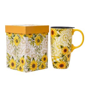 topadorn coffee ceramic mug porcelain latte tea cup with lid in present box 17oz sunflowers