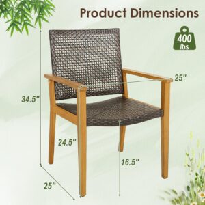 HAPPYGRILL Patio Dining Chair Set of 4, Outdoor Rattan PE Wicker Dining Chairs with Sturdy Acacia Wood Frame, Ergonomic Curved Seat, Outside Rattan Armchairs for Balcony Porch Poolside