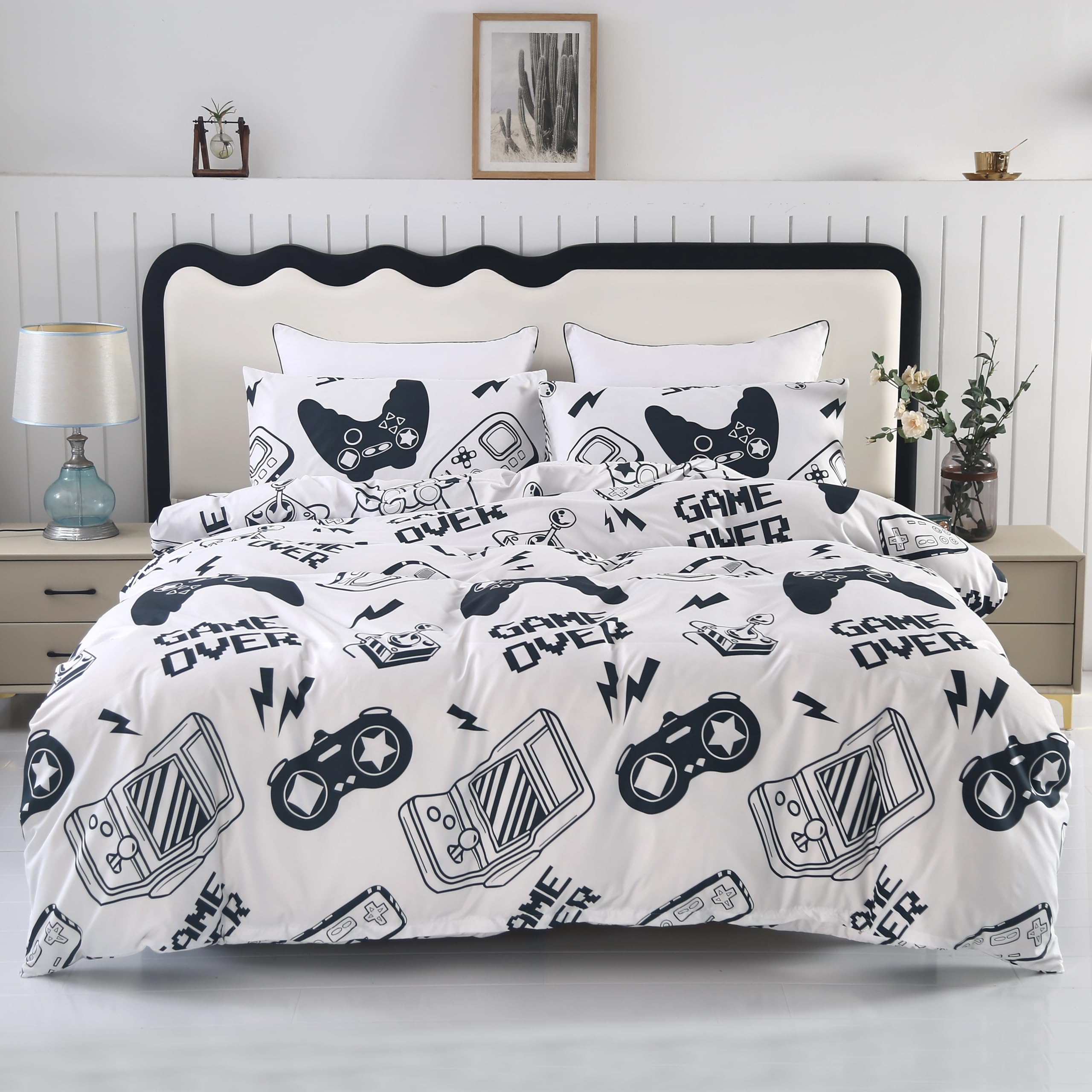 SDIII 3PCS White Gamer Duvet Cover Set Twin, 1 Duvet Cover and 2 Pillowcase, Kawaii Duvet Cover for Kids Girls Boys and Teens, Zipper and Corner Ties