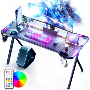 dowinx gaming desk with led lights, rgb gaming computer table with carbon fibre surface, led home office desk with remote control, pc workstation with cup holder and headphone hook, black