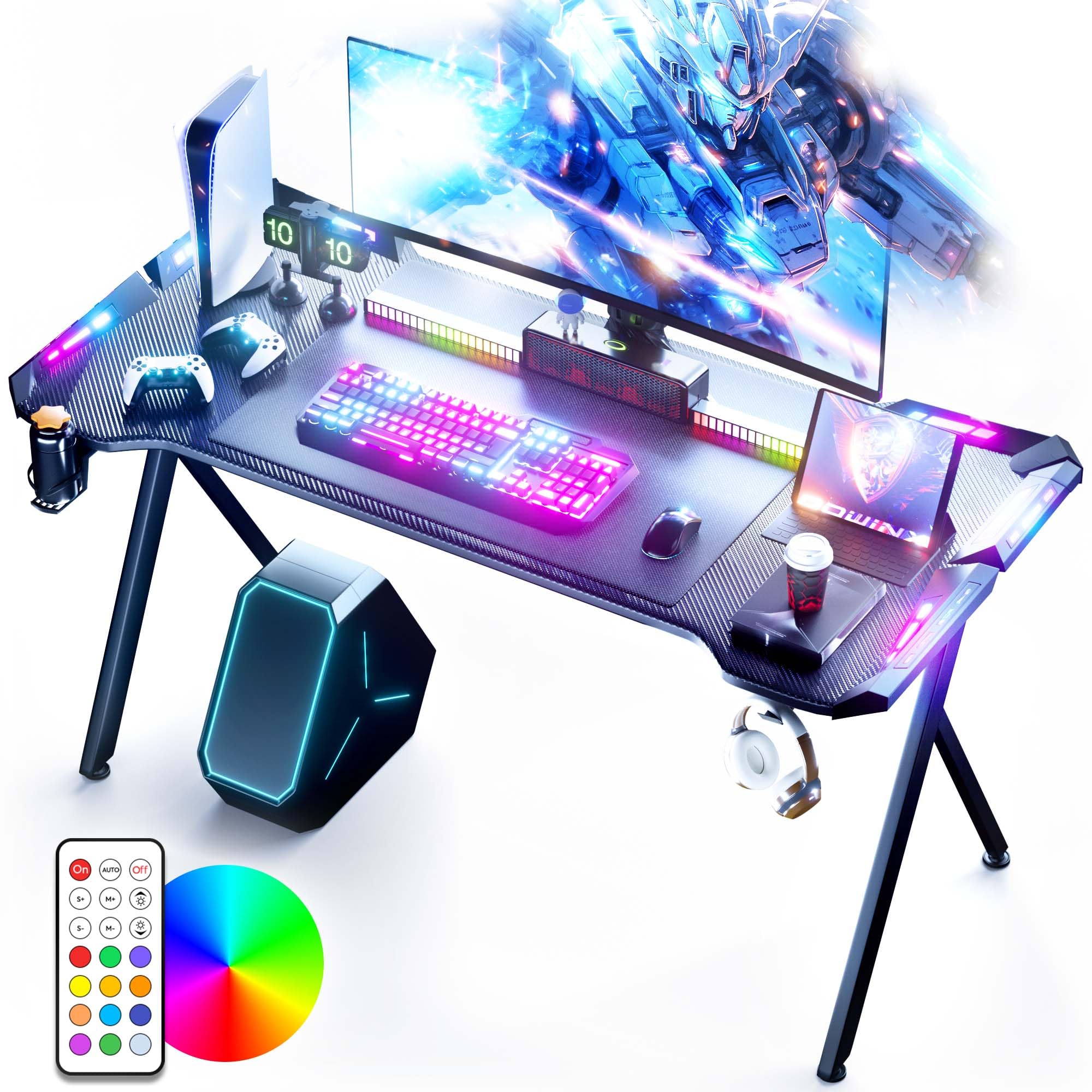 Dowinx Gaming Desk with LED Lights, RGB Gaming Computer Table with Carbon Fibre Surface, LED Home Office Desk with Remote Control, Pc Workstation with Cup Holder and Headphone Hook, Black