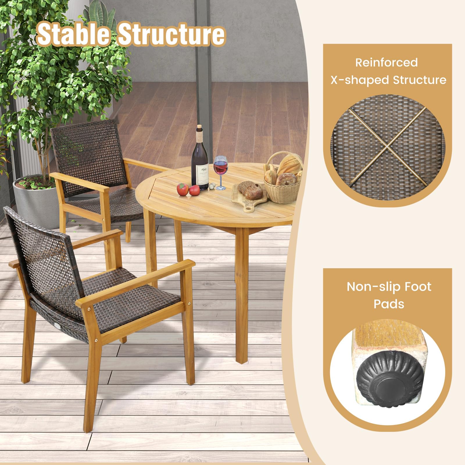 Tangkula Patio Dining Chairs Set of 4, Outdoor Acacia Wood & PE Wicker Chairs with Armrests, Outdoor Rattan Armchairs for Garden, Backyard, Poolside, Balcony (Mix Brown)