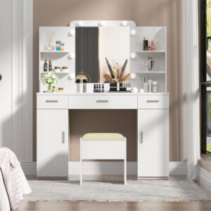 Xilingol Vanity Desk with Mirror and Lights, 45.3" Vanity Set with Mirror and Stool, Large Makeup Vanity with Drawers and Cabinets, Vanity for Bedroom, Makeup Room, White