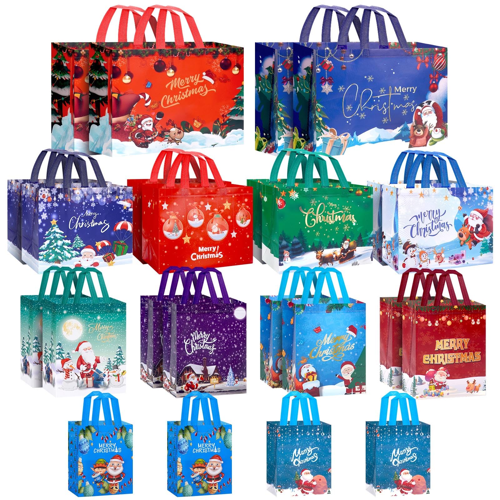 Fayayuan 24 Pack Christmas Gift Bags Assorted Sizes, Reusable Tote Bags Includes 4 Extra Large 17",8 Large 13",8 Medium 10",4 Small 8" Non-Woven Christmas Bags for Xmas Party Supplies