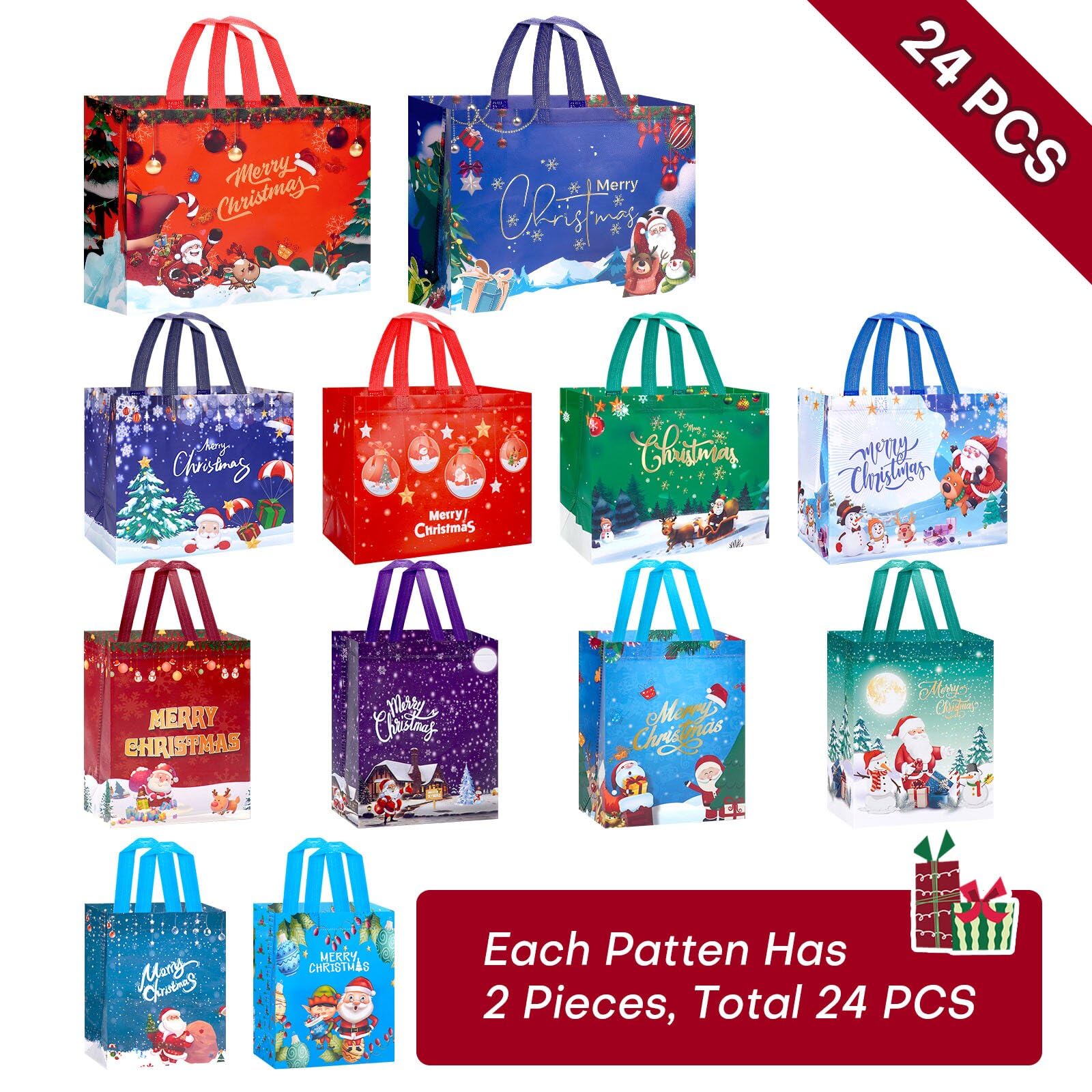 Fayayuan 24 Pack Christmas Gift Bags Assorted Sizes, Reusable Tote Bags Includes 4 Extra Large 17",8 Large 13",8 Medium 10",4 Small 8" Non-Woven Christmas Bags for Xmas Party Supplies