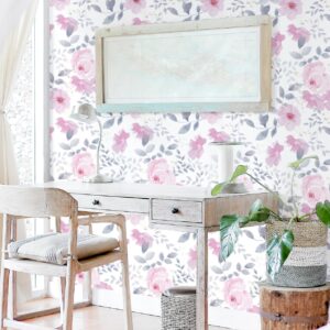 Floral Wallpaper Floral Contact Paper Peel and Stick Wallpaper Boho Wallpaper for Bedroom Pink Flower Wallpaper Leaf Wallpaper Self-Adhesive Removable Wallpaper Watercolor Kids Nursery 17.3“×78.7”