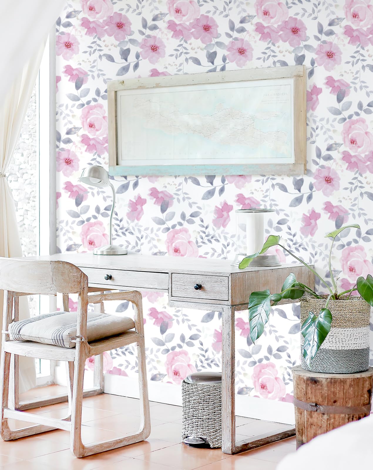 Floral Wallpaper Floral Contact Paper Peel and Stick Wallpaper Boho Wallpaper for Bedroom Pink Flower Wallpaper Leaf Wallpaper Self-Adhesive Removable Wallpaper Watercolor Kids Nursery 17.3“×78.7”