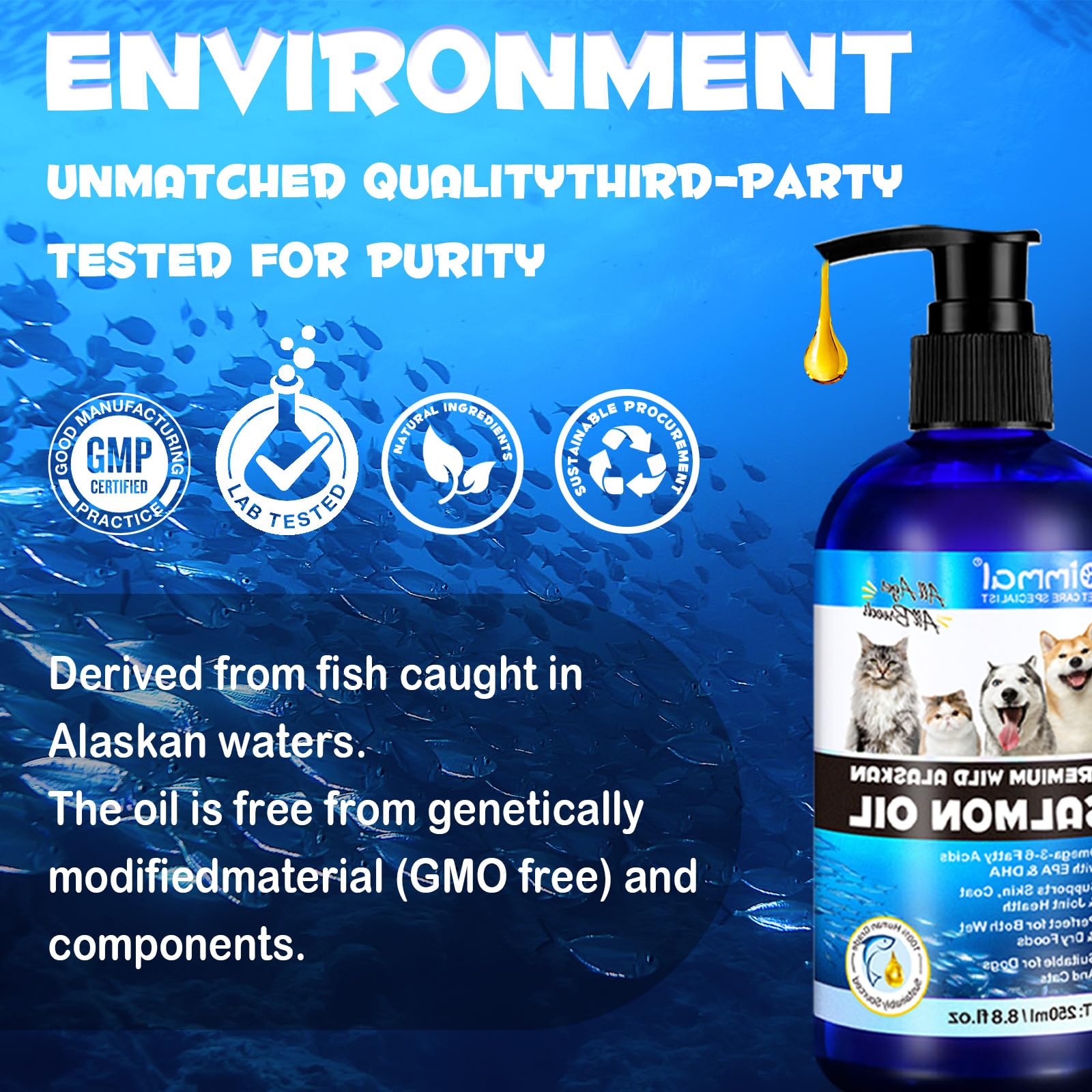 Salmon Oil for Dogs & Cats, Omega 3 Fish Oil for Dog's Skin and Coat, Natural EPA + DHA Fatty Acids for Joint Function, Immune & Heart Health, Wild Alaskan Salmon Oil 250ml for All Ages & All Breeds.