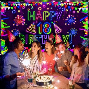 Neon Birthday Party Decorations Neon Happy 18th Birthday Banner Glow in The Dark Party Decorations with UV Black Light Reactive for Let Glow Neon Birthday Blacklight Graduations Party Supplies