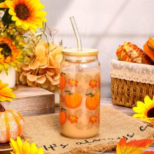 Cunhill 4 Pcs Iced Coffee Cup with Bamboo Lid and Straw 16oz Christmas Employee Appreciation Gift Glasses Cup Daisy Flower Butterfly Beer Can Cup Gift for Teacher Women Employee Coworker(Pumpkin)