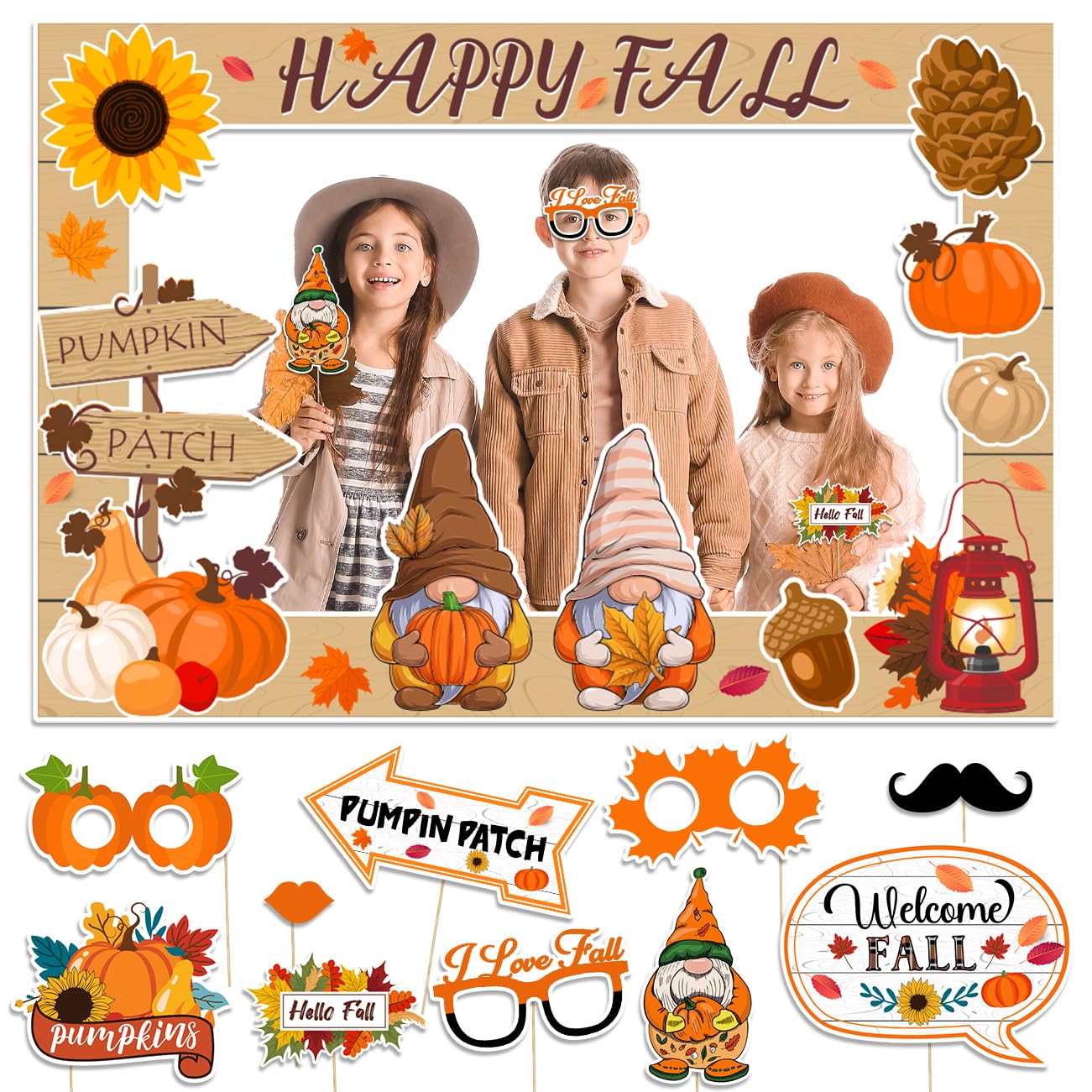 Fall Decor Happy Fall Gnomes Pumpkin Photo Booth Frame and Props for Autumn Themed Pumpkin Patch Thanksgiving Party Favors Decorations Supplies-11pieces