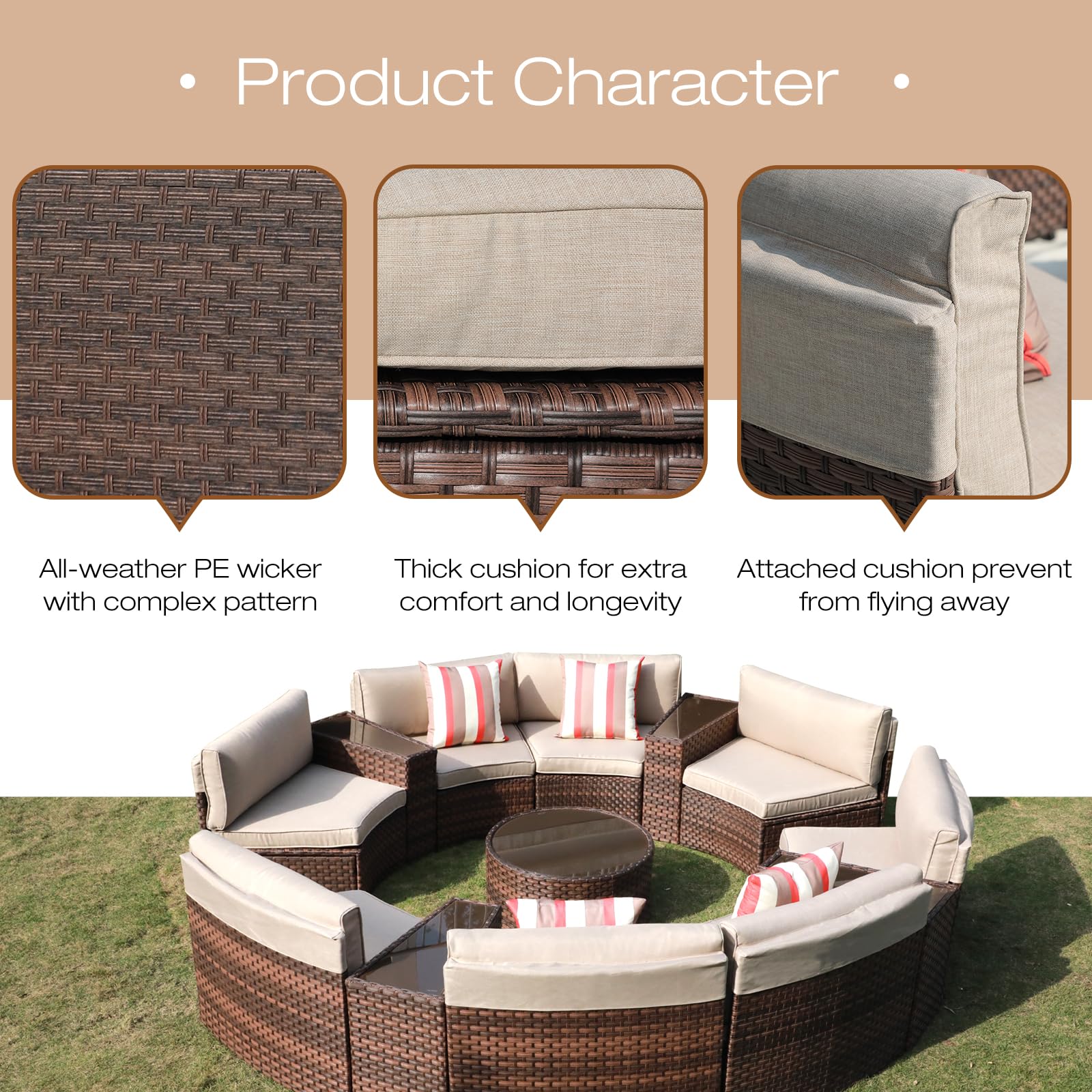 SUNSITT Outdoor Patio Furniture Set 13-Piece Round Sectional Sofa Curved Wicker Sofa with 4 Side Table and Pillows, Brown Rattan & Beige Cushion