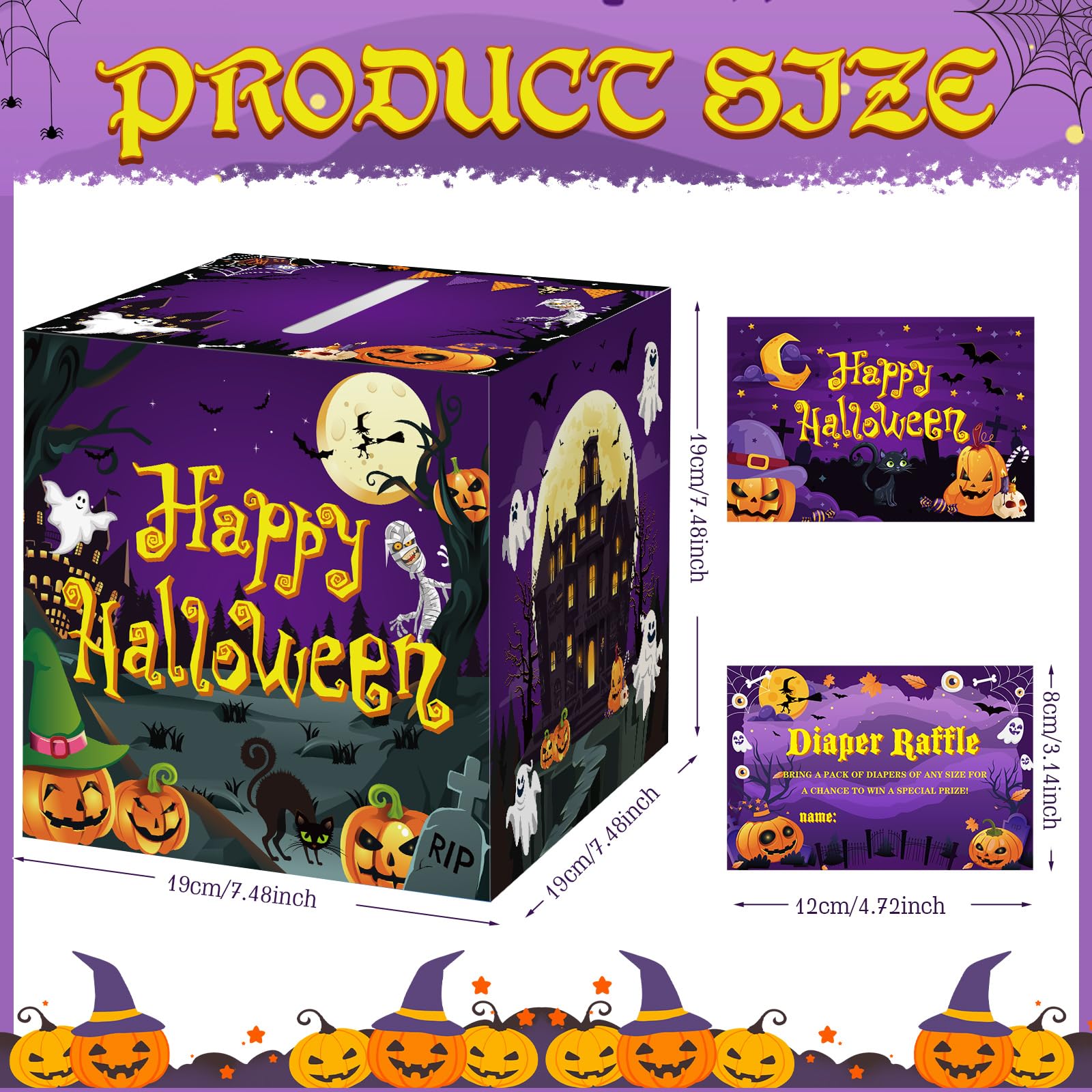 Cholemy 50 Pieces Halloween Diaper Raffle Tickets with Box Diaper Raffle Invitation Insert Cards Happy Halloween Diaper Raffle Box Set for Halloween Theme Birthday Party Baby Shower Games Supplies