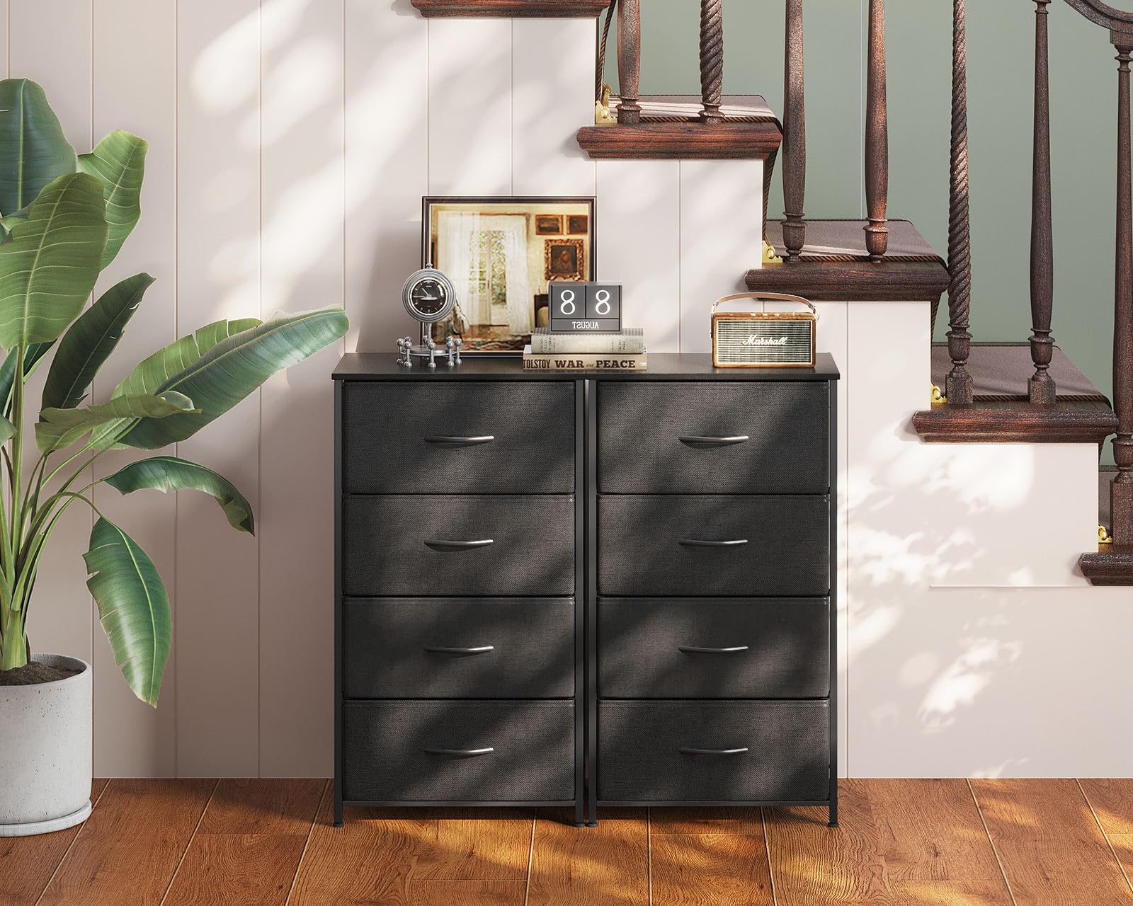 AODK Dresser for Bedroom with 4 Storage Drawers, Small Dresser Chest of Drawers Fabric Dresser with Sturdy Steel Frame, Black