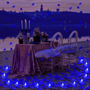 VIHOSE 4000 Pcs Artificial Rose Petals with 24 Pcs LED Tea Lights Candles Flameless LED Candles Fake Rose Petals for Proposal Wedding Birthday Party(Blue Light, Blue Petals)