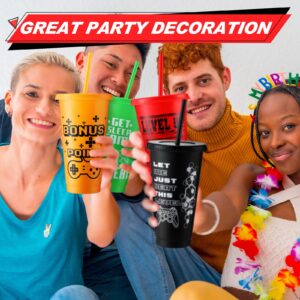 Mifoci Gaming Party Favor Video Game Plastic Reusable Cute Cups with Lids and Straws Gamer Tumbler Iced Coffee Travel Mug Water Bottle for Adult Kid Game Birthday Party Supplies(24 Pcs)