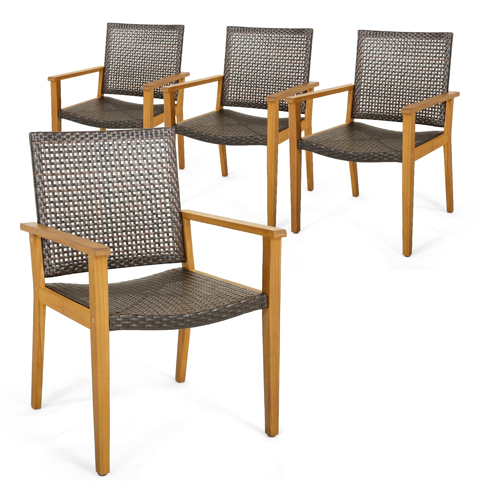 HAPPYGRILL Patio Dining Chair Set of 4, Outdoor Rattan PE Wicker Dining Chairs with Sturdy Acacia Wood Frame, Ergonomic Curved Seat, Outside Rattan Armchairs for Balcony Porch Poolside