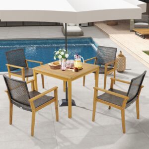 HAPPYGRILL Patio Dining Chair Set of 4, Outdoor Rattan PE Wicker Dining Chairs with Sturdy Acacia Wood Frame, Ergonomic Curved Seat, Outside Rattan Armchairs for Balcony Porch Poolside