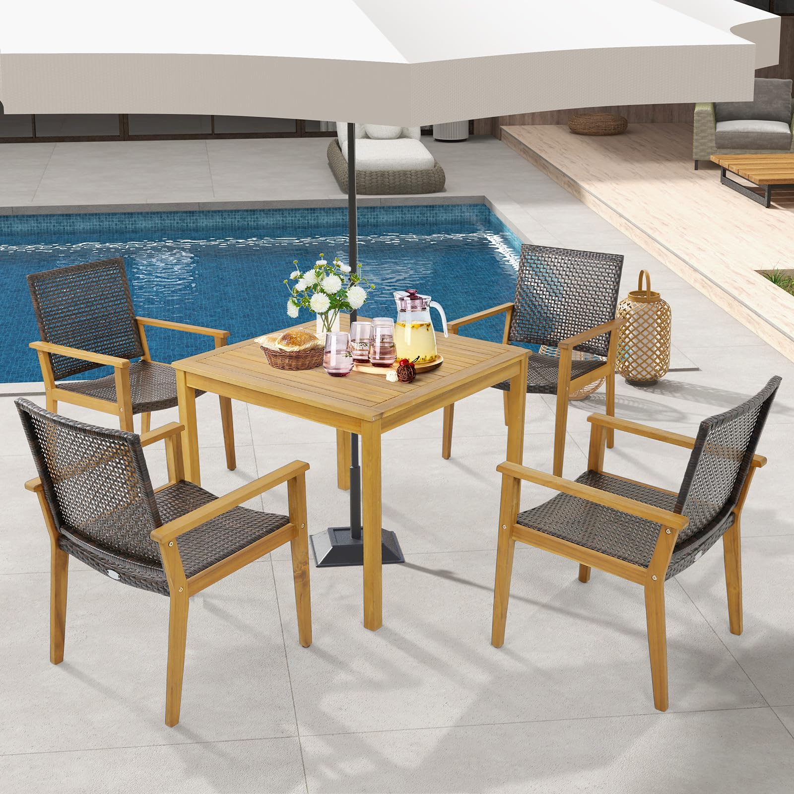 HAPPYGRILL Patio Dining Chair Set of 4, Outdoor Rattan PE Wicker Dining Chairs with Sturdy Acacia Wood Frame, Ergonomic Curved Seat, Outside Rattan Armchairs for Balcony Porch Poolside