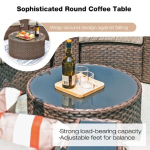 SUNSITT Outdoor Patio Furniture Set 13-Piece Round Sectional Sofa Curved Wicker Sofa with 4 Side Table and Pillows, Brown Rattan & Beige Cushion