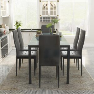 DKLGG 7 Piece Dining Table Set for 6, Glass Dining Room Table Set with 6 PU Leather Chairs, Modern Kitchen Table and Chairs Set of 6 for Small Space, Apartment