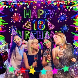 Neon Birthday Party Decorations Neon Happy 18th Birthday Banner Glow in The Dark Party Decorations with UV Black Light Reactive for Let Glow Neon Birthday Blacklight Graduations Party Supplies