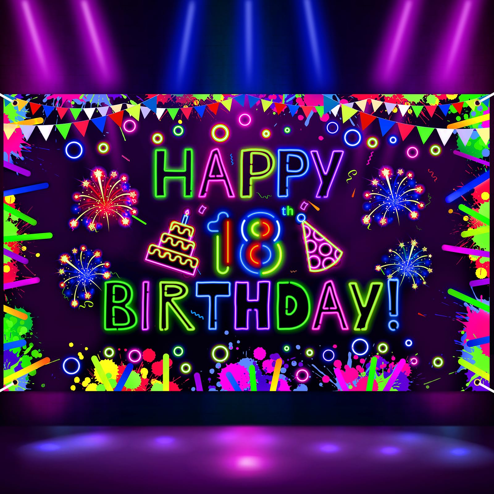 Neon Birthday Party Decorations Neon Happy 18th Birthday Banner Glow in The Dark Party Decorations with UV Black Light Reactive for Let Glow Neon Birthday Blacklight Graduations Party Supplies