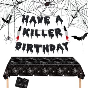 cracoo have a killer birthday party banner disposable spider tablecloth for halloween birthday halloween bloody horror movie (black)