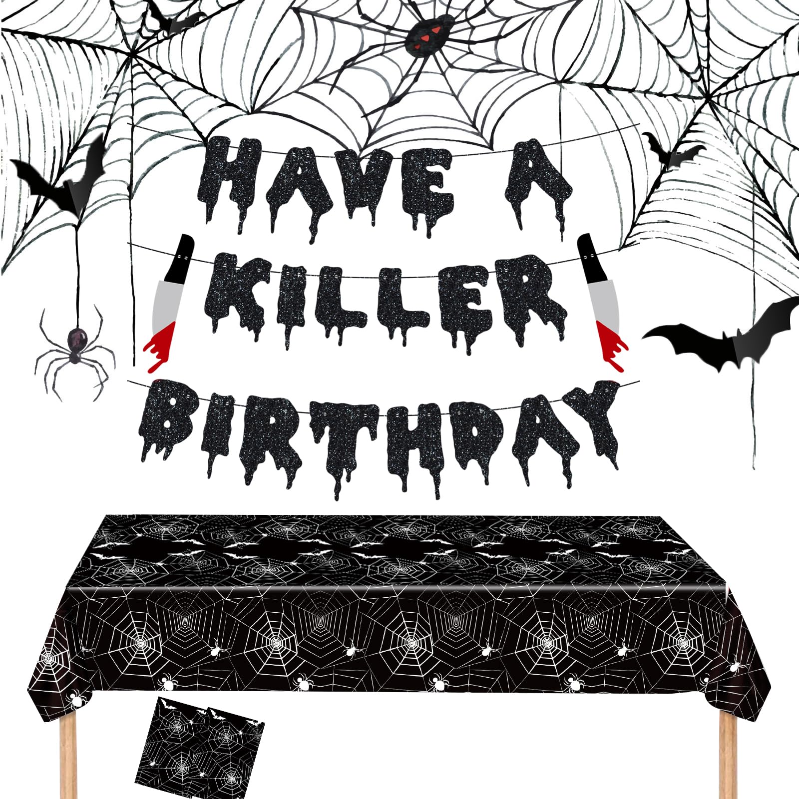 Cracoo Have a Killer Birthday Party Banner Disposable Spider Tablecloth for Halloween Birthday Halloween Bloody Horror Movie (Black)