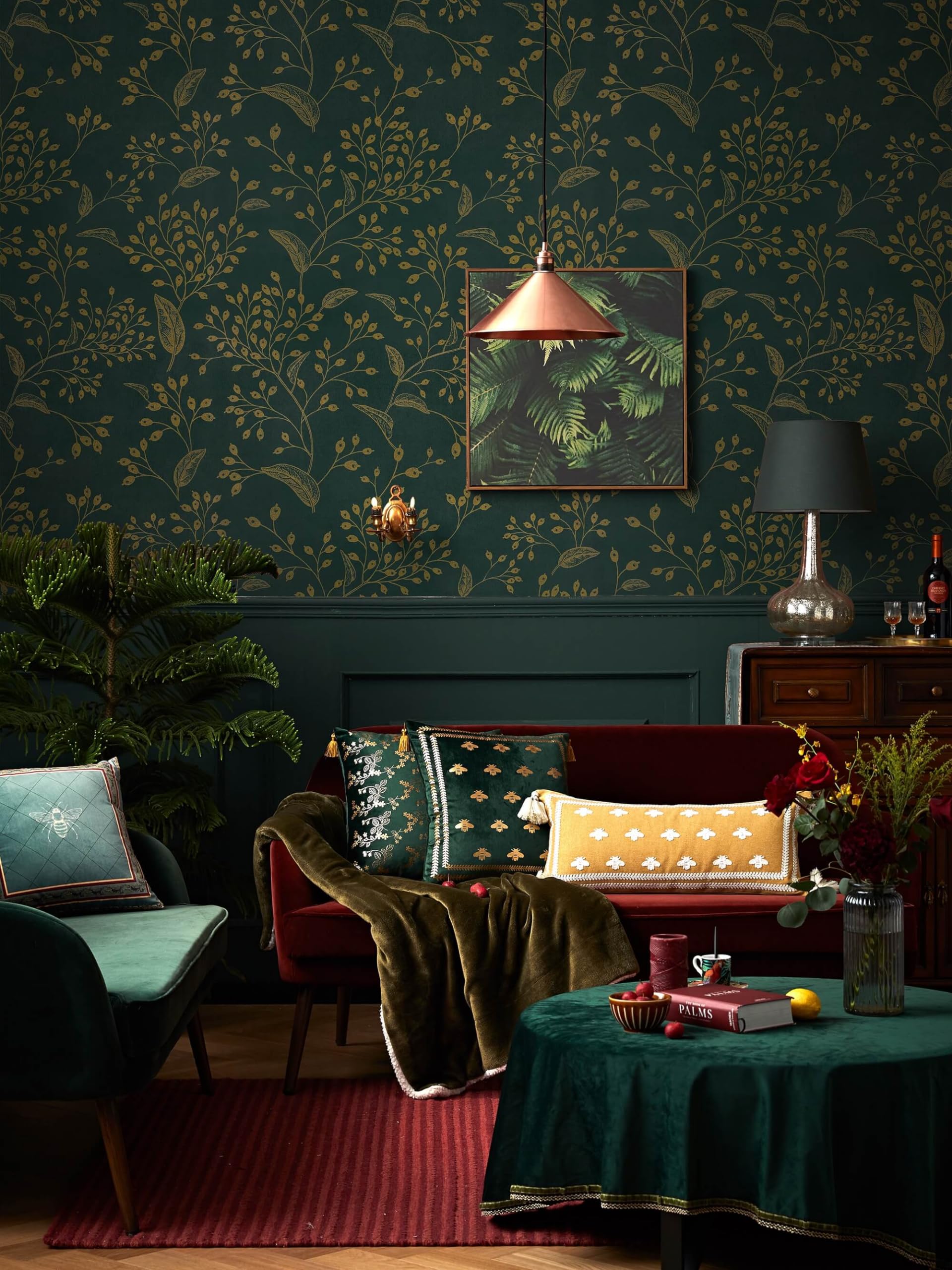 Heroad Peel and Stick Wallpaper Dark Green Contact Paper Gold Floral Wall Paper Modern Boho Removable Contact Paper for Cabinets Drawers Bedroom Self Adhesive Vinyl Papel Tapiz Para Pared 118" x 17.3"