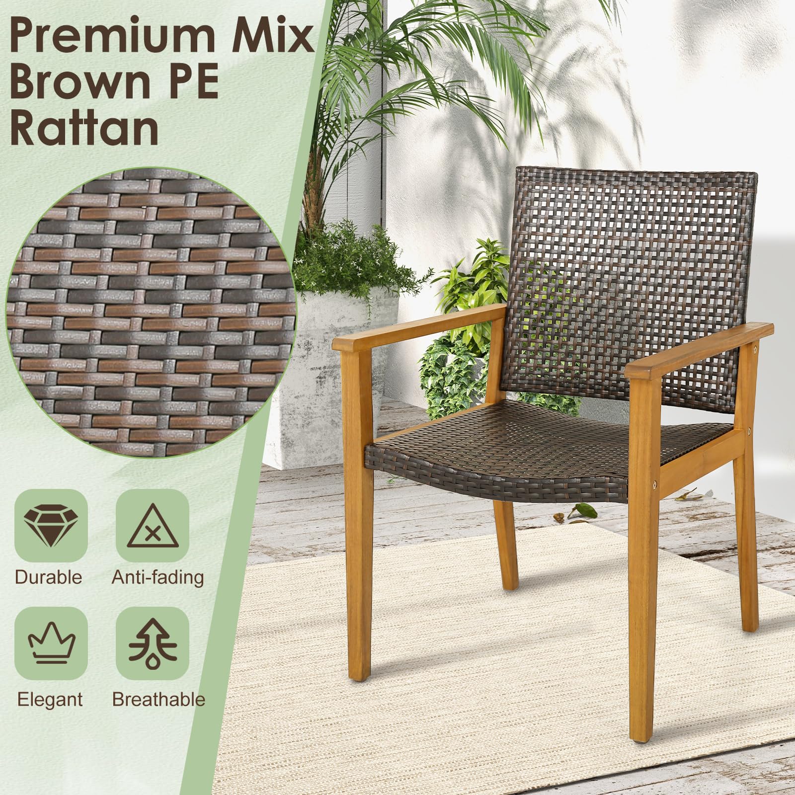 HAPPYGRILL Patio Dining Chair Set of 4, Outdoor Rattan PE Wicker Dining Chairs with Sturdy Acacia Wood Frame, Ergonomic Curved Seat, Outside Rattan Armchairs for Balcony Porch Poolside