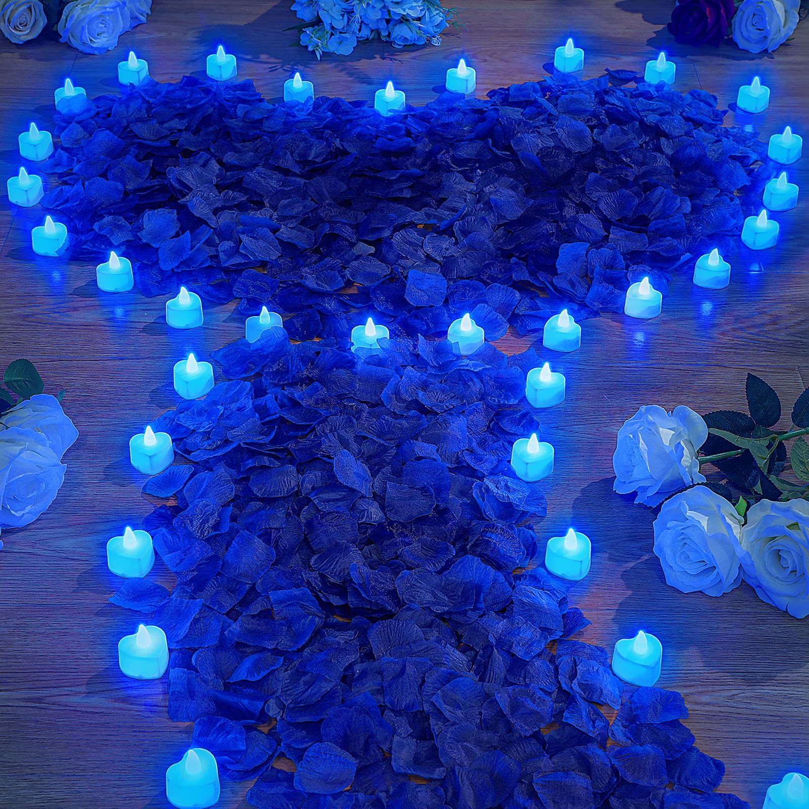 VIHOSE 4000 Pcs Artificial Rose Petals with 24 Pcs LED Tea Lights Candles Flameless LED Candles Fake Rose Petals for Proposal Wedding Birthday Party(Blue Light, Blue Petals)