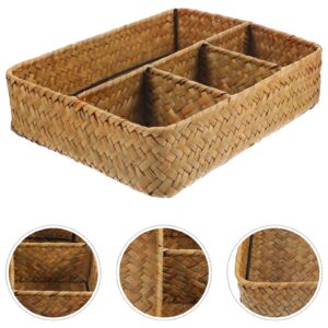 Storage Basket Seagrass Storage Basket, Rectangular Household Organizer Boxes with 4 Compartments, Wicker Rattan Divided Basket Organizer for Organize Snack