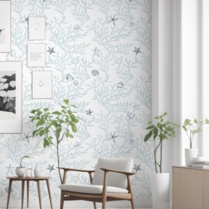 Akywall Ocean Wallpaper Peel and Stick White and Blue Contact Paper Textured Sea Coral Starfish Shells Self Adhesive Vinyl Roll Stick on Wallcovering Cute for Home Decor 78.7in