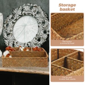 Storage Basket Seagrass Storage Basket, Rectangular Household Organizer Boxes with 4 Compartments, Wicker Rattan Divided Basket Organizer for Organize Snack