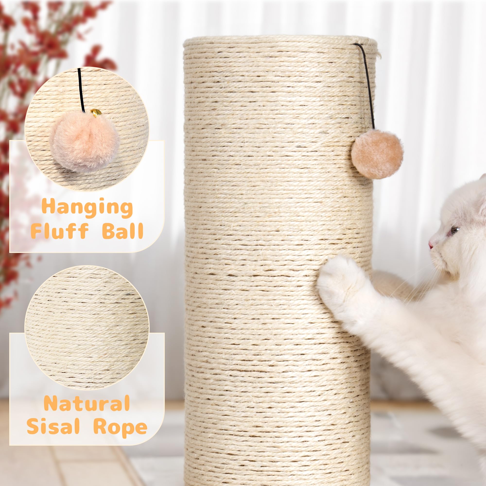 KAMABOKO 29.5" Cat Scratching Post, 7.5" Ultra-Large Diameter Natural Sisal Cat Scratch Post, Scratch-Resistant Tall Cat Scratcher for Indoor Cats, Protect Your Furniture, Beige, Pack of 1